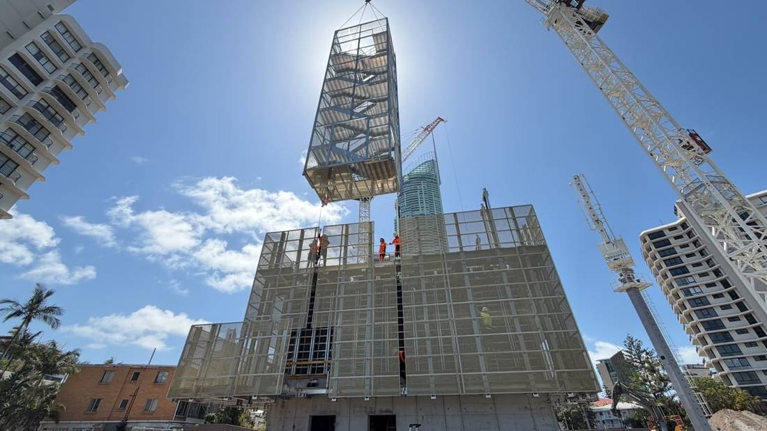 Stretcher stair module being lifted into place